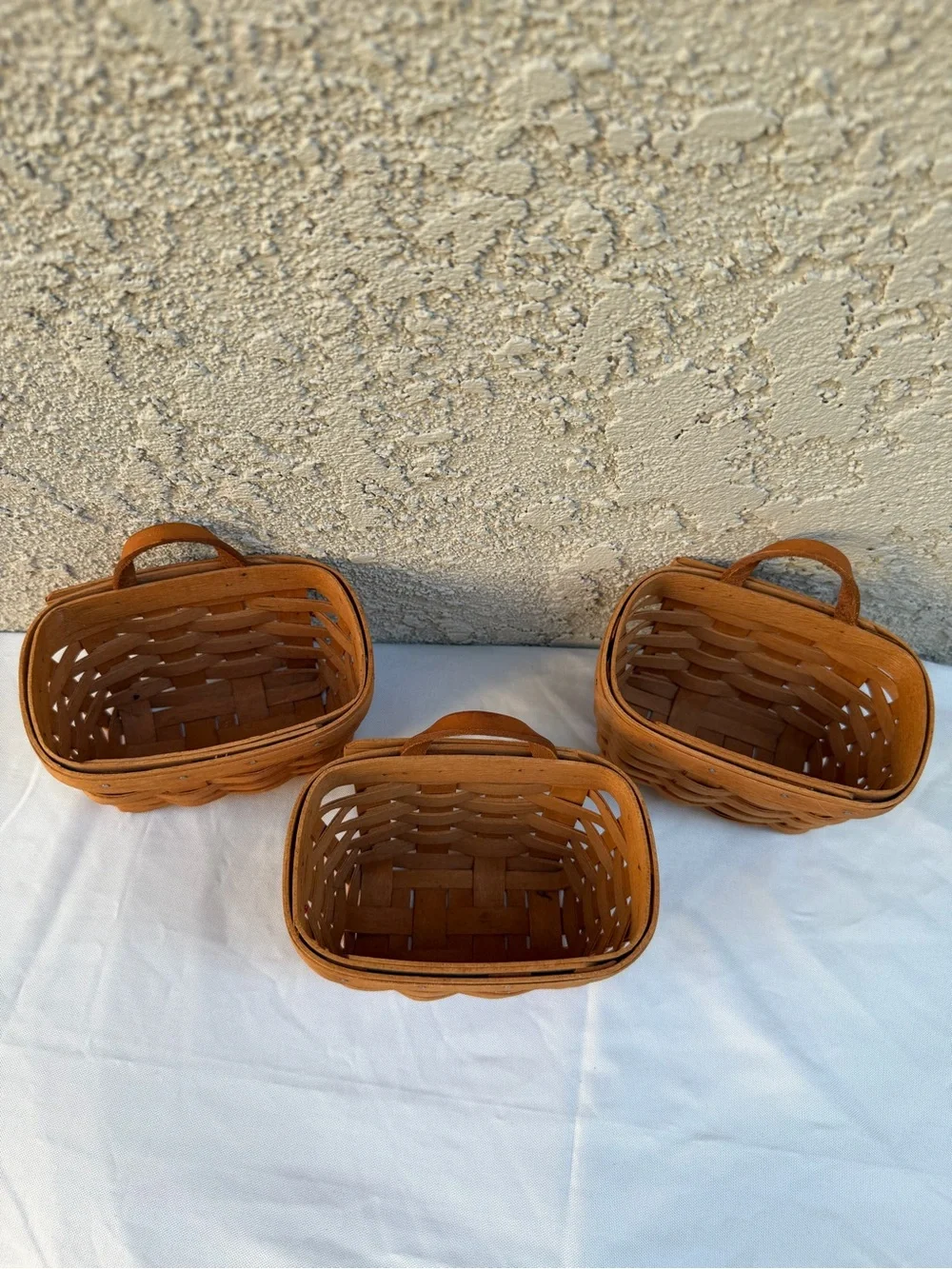 Longaberger Small Key Mail Basket Set of 3 Hanging Baskets Leather Loop Handle